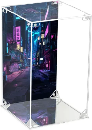 CHILLCASE UV Printed Background Acrylic Display Case with Mirror Base Anime Scene Clear Display Box Stand for Collectible Showcase for Action Figures Models PVC（Cyberpunk,5.9×5.9×9.8 inch