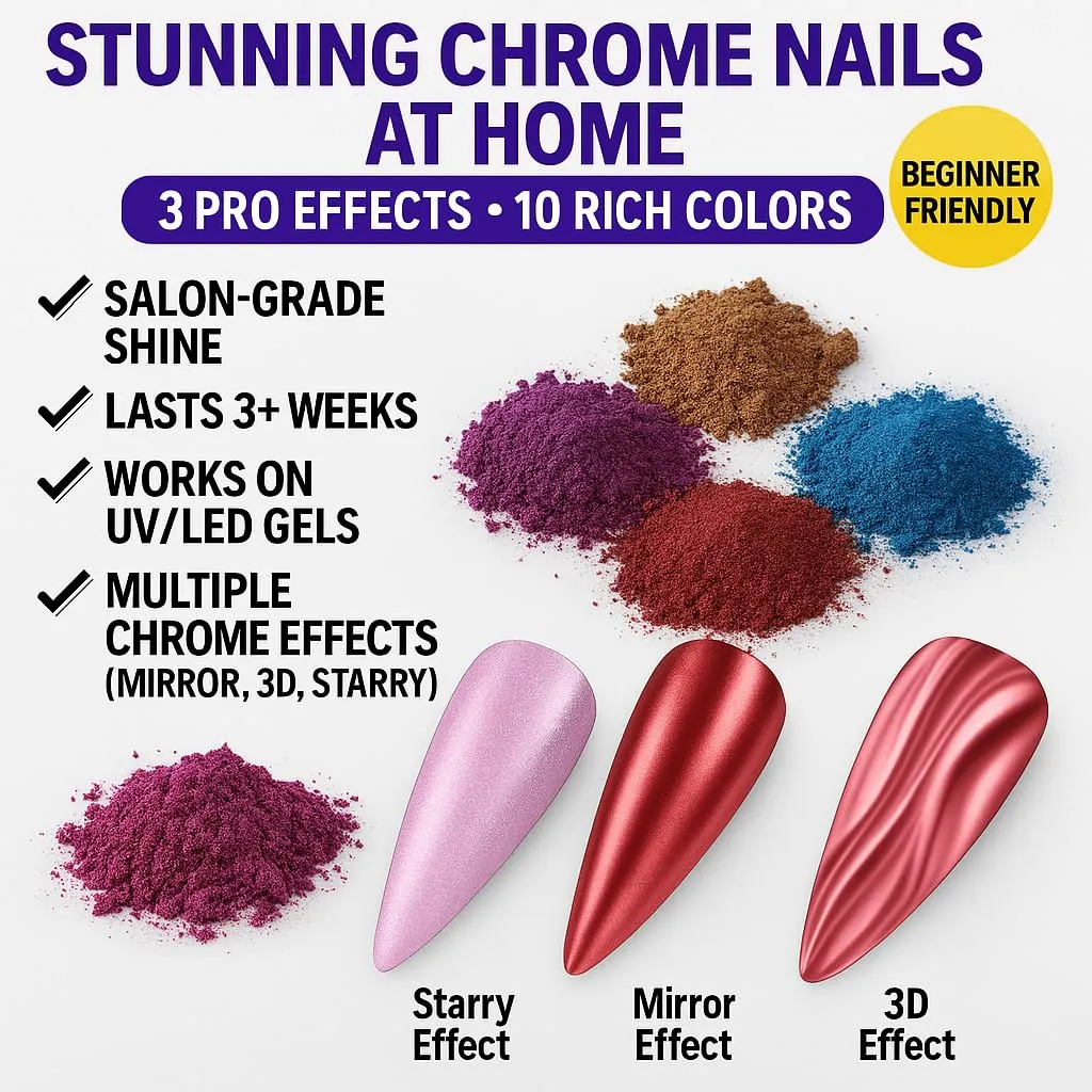 Chrome Powder for Nails & Resin – 10 Colors Mirror Chrome Pigment, Holographic Mica Powder for Nail Art, Epoxy, Tumblers, Slime, Crafts – 2g Each Jar