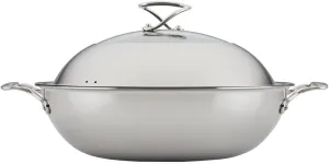 Circulon Clad Stainless Steel Wok/Stir Fry with Glass Lid and Hybrid SteelShield and Nonstick Technology, 14 Inch - Silver