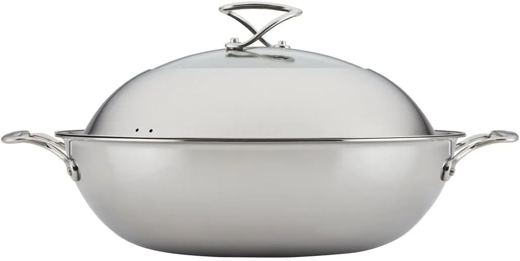 Circulon Clad Stainless Steel Wok/Stir Fry with Glass Lid and Hybrid SteelShield and Nonstick Technology, 14 Inch - Silver