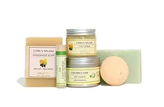 Citrus Small Gift Set | 2 Bars of Soap, 3 oz Shea Butter Salt Scrub, Soy Candle, Shea Butter Bath Bomb and a Nourish Lip Balm all in a ready to gift Nourish package