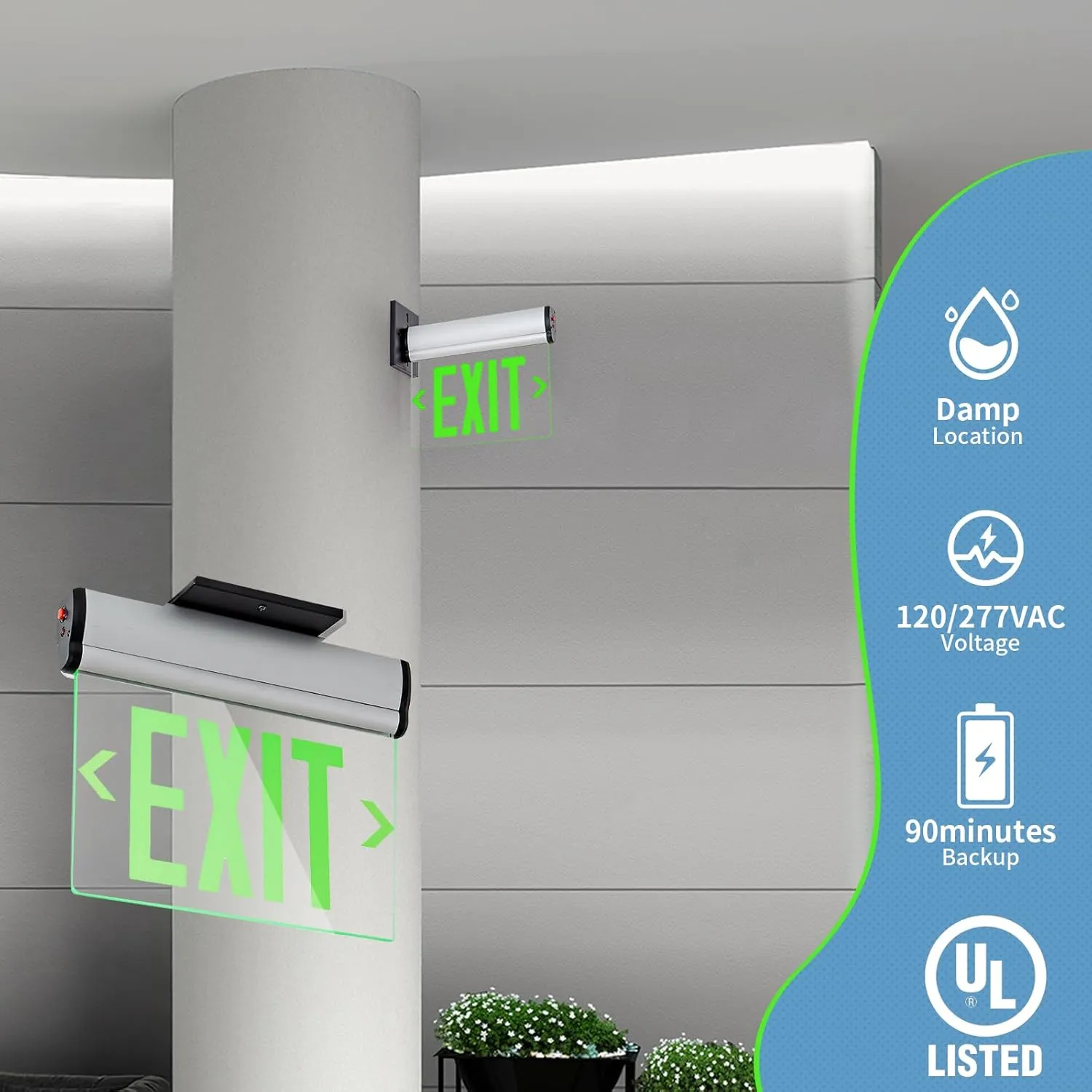 CM MZY Green Double Sides LED Edge Lit Exit Sign, UL 924, Hardwired Emergency Exit Lights with Battery Backup, Aluminum Housing with Rotating Acrylic Mirror Panel, AC 120/277V, 1 Pack