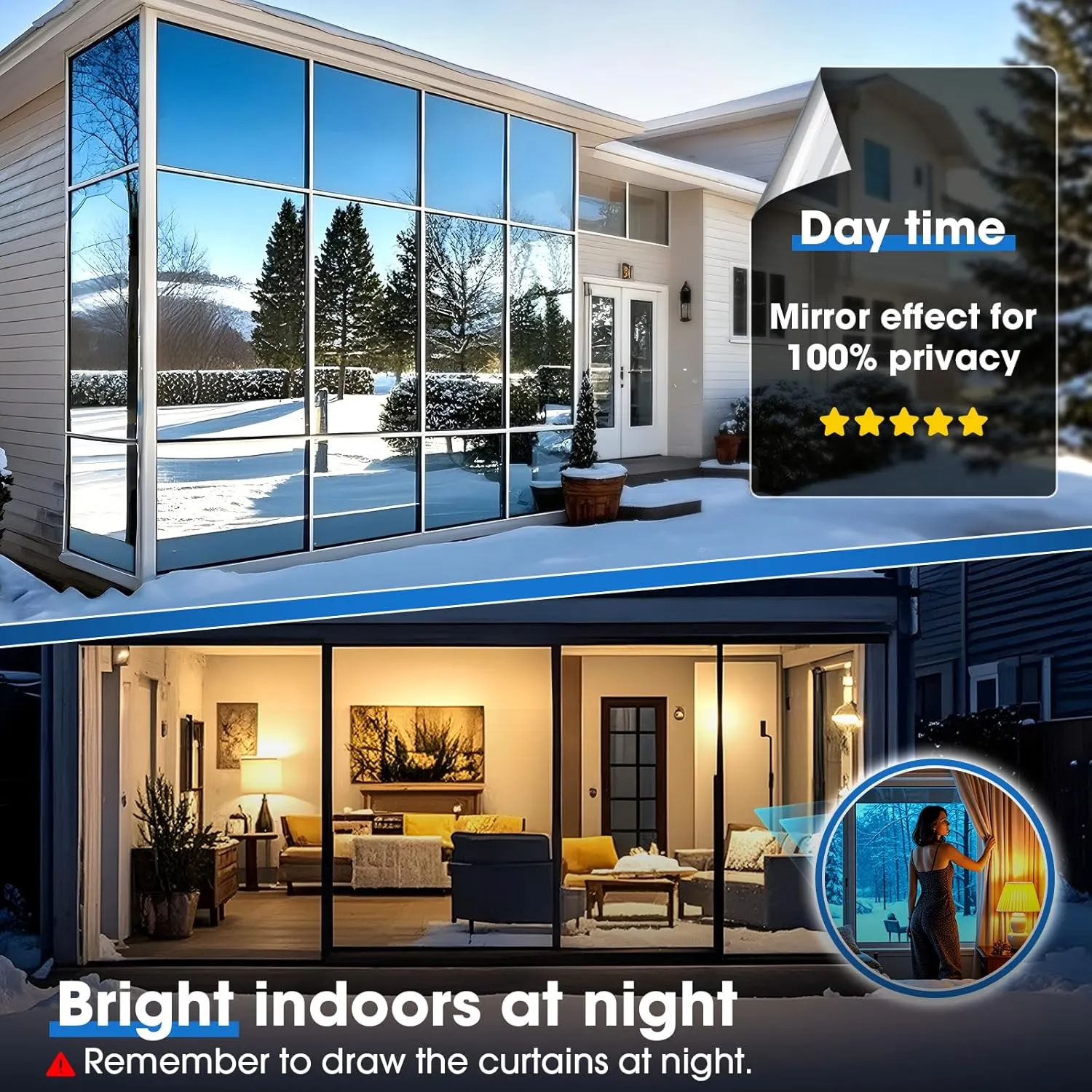 Coavas One Way Privacy Window Film,Reflective Home Glass Mirror Tint See Out Not in,Heat UV Blocking Static Cling for Office Front Door Daytime Privacy Covering, Black-Silver,23.6x78.7 in