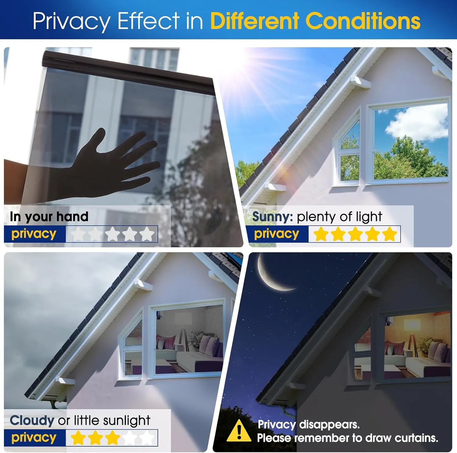 Coavas One Way Window Privacy Film, Window Tint for Home, Daytime Reflective Mirror Glass Windows Coverings Heat UV Blocking See Out Not in,Black, 17.5 X 157.5 Inch