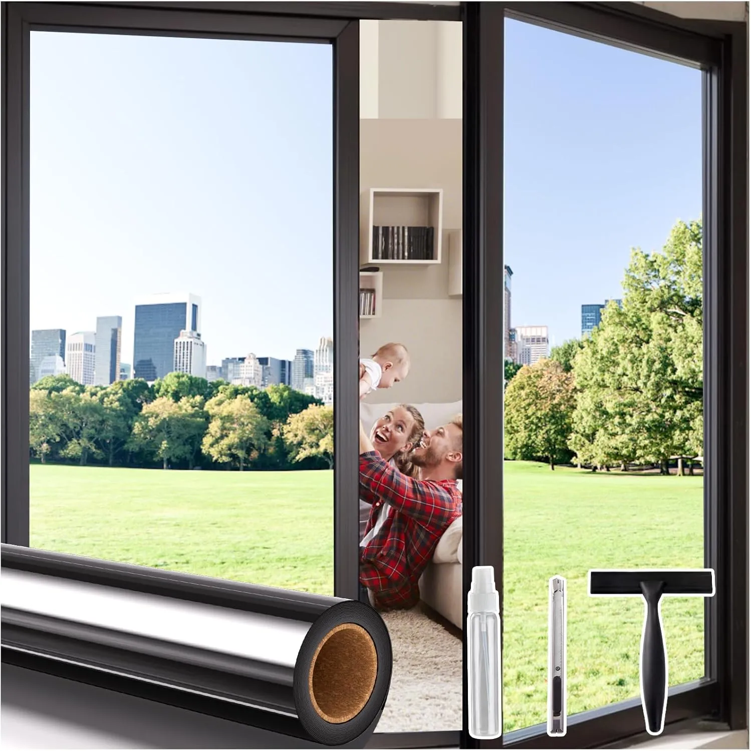 Coavas Privacy Window Film One Way, Reflective Mirror Heat Blocking Daytime Privacy Window Tint for Home See Out Not in Window Security Clings Clear Self-Adhesive Door Cover with 3 Tools,35.4x78.7in