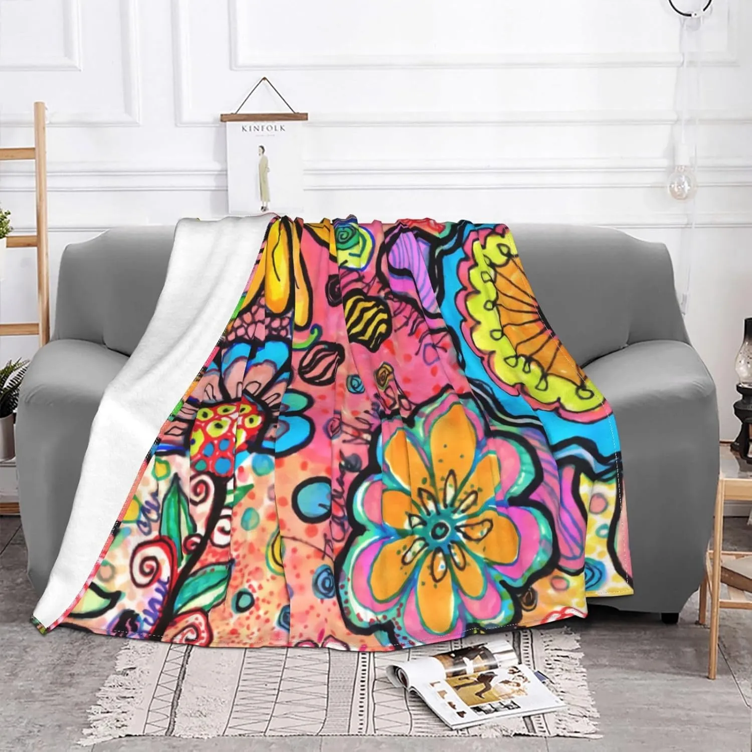 Colorful Psychedelic Flower 60"X50" Flannel Blanket - 100% Soft Polyester, Lightweight and Warm, Suitable for Families, Camping, Travel