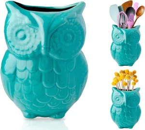 Comfify Owl Utensil Holder Decorative Ceramic Cookware Crock & Organizer, in Lovely Aqua Blue Color - Utensil Shaped Caddy and Perfect Kitchen Ceramic Décor Gift for Countertop - 5” x 7” x 4” Size