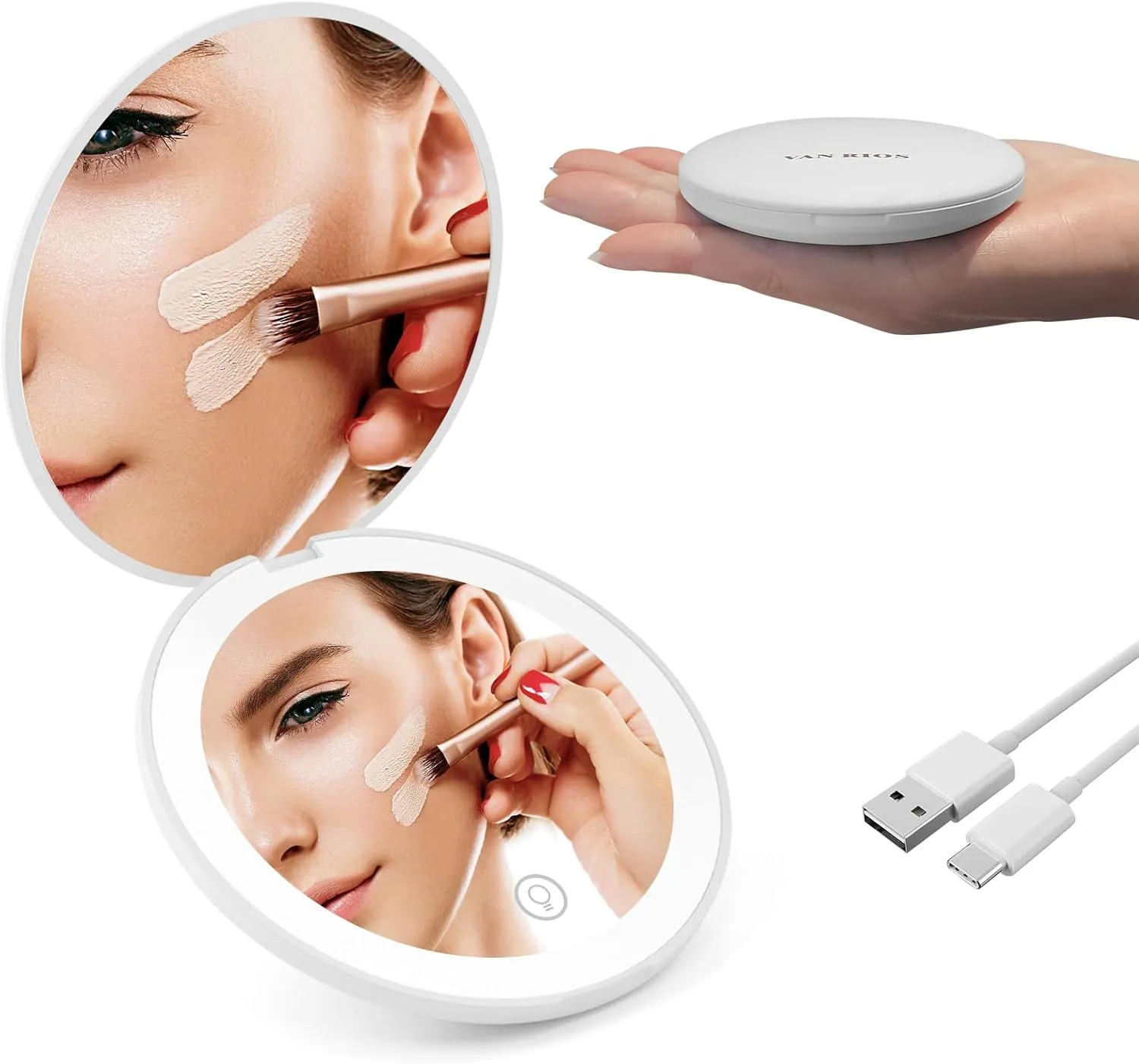 Compact 3.5inch Rechargeable Travel Makeup Mirror，10x Magnification Dual-sided Circular Folding Design LED-Lit Pocket Mirror Convenient Portable Mirror for Women, Girls, Students Ideal Gift(White)