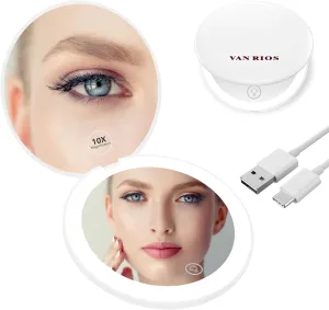 Compact 3.5inch Rechargeable Travel Makeup Mirror，10x Magnification Dual-sided Circular Folding Design LED-Lit Pocket Mirror Convenient Portable Mirror for Women, Girls, Students Ideal Gift(White)