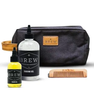 Complete Men's Beard Grooming Kit by BREW Grooming - Ultimate Gift Set Kit for Men including Wooden Comb, Beard Oil, Clear Shave Gel & Travel Toiletry Bag