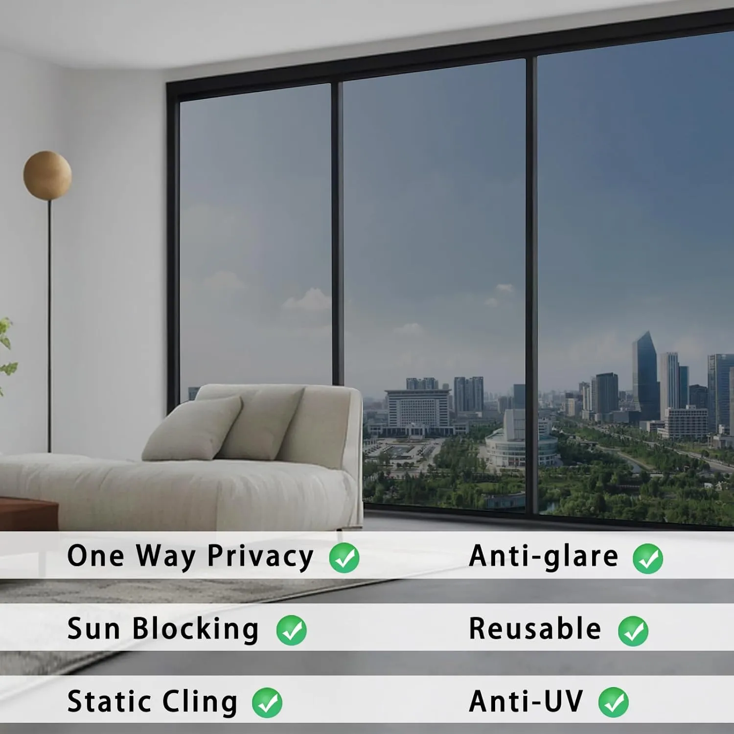 ConCus-T Window Tint One Way Window Film Static Cling Sun Blocking Window Tinting Film for Home Heat Control Window Film Mirror Tint Reflective Anti UV Film, Black Silver, 35.43 Inch x 6.5 Feet