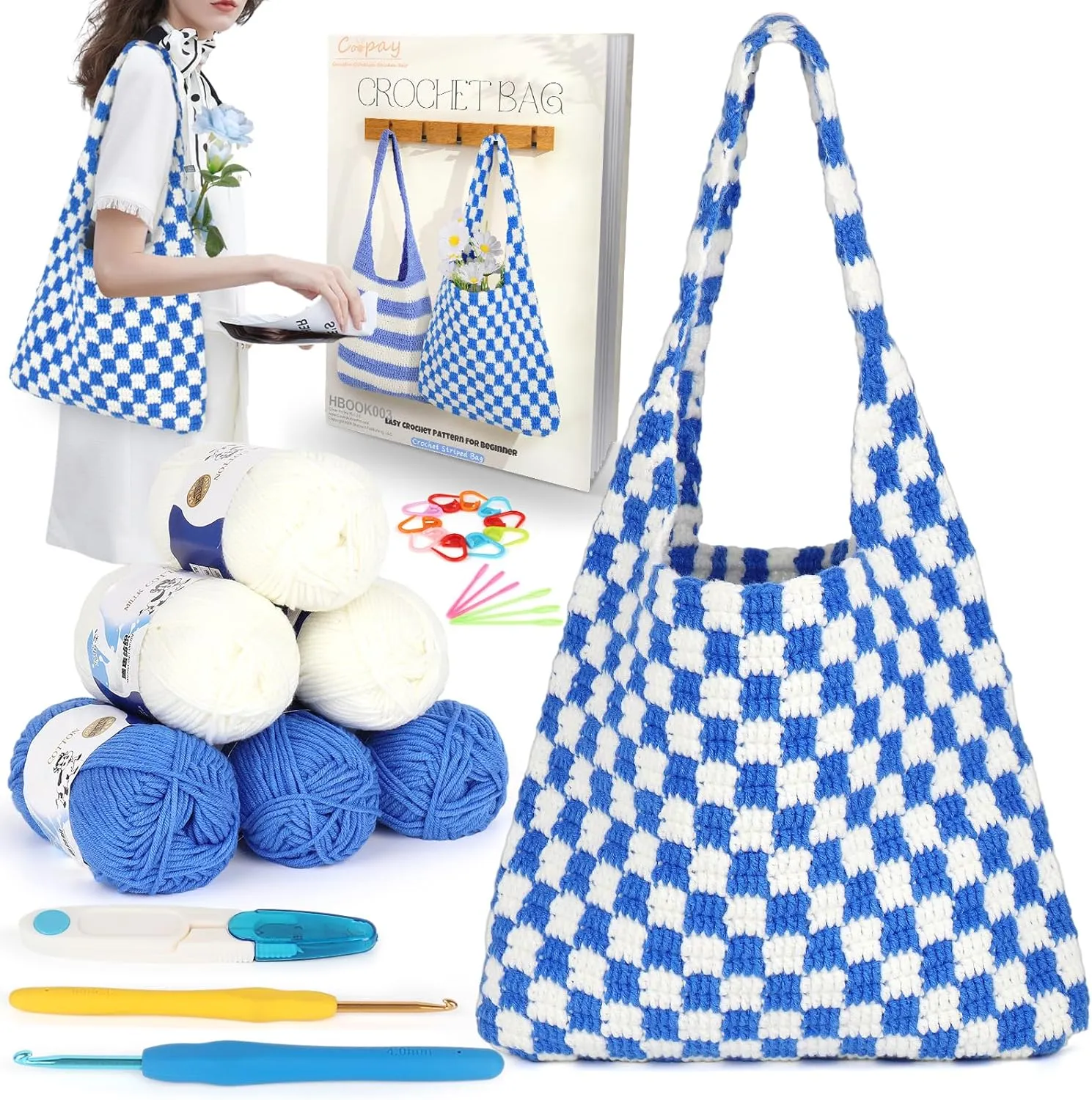Coopay Beginner Crochet Bag Kit with Instructions & Enough Yarn, Easy Starter Kit to Learn Crochet & Make Tote Bag