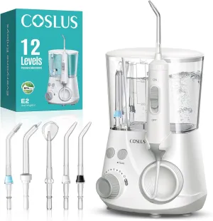 COSLUS Professional Water Flosser for Teeth: 12 Pressure Settings Electric Dental Pick for Orthodontic, Braces, Sensitive Gums - Home Use, ​​5 Jet Tips for Multiple Users, Family, White, E2