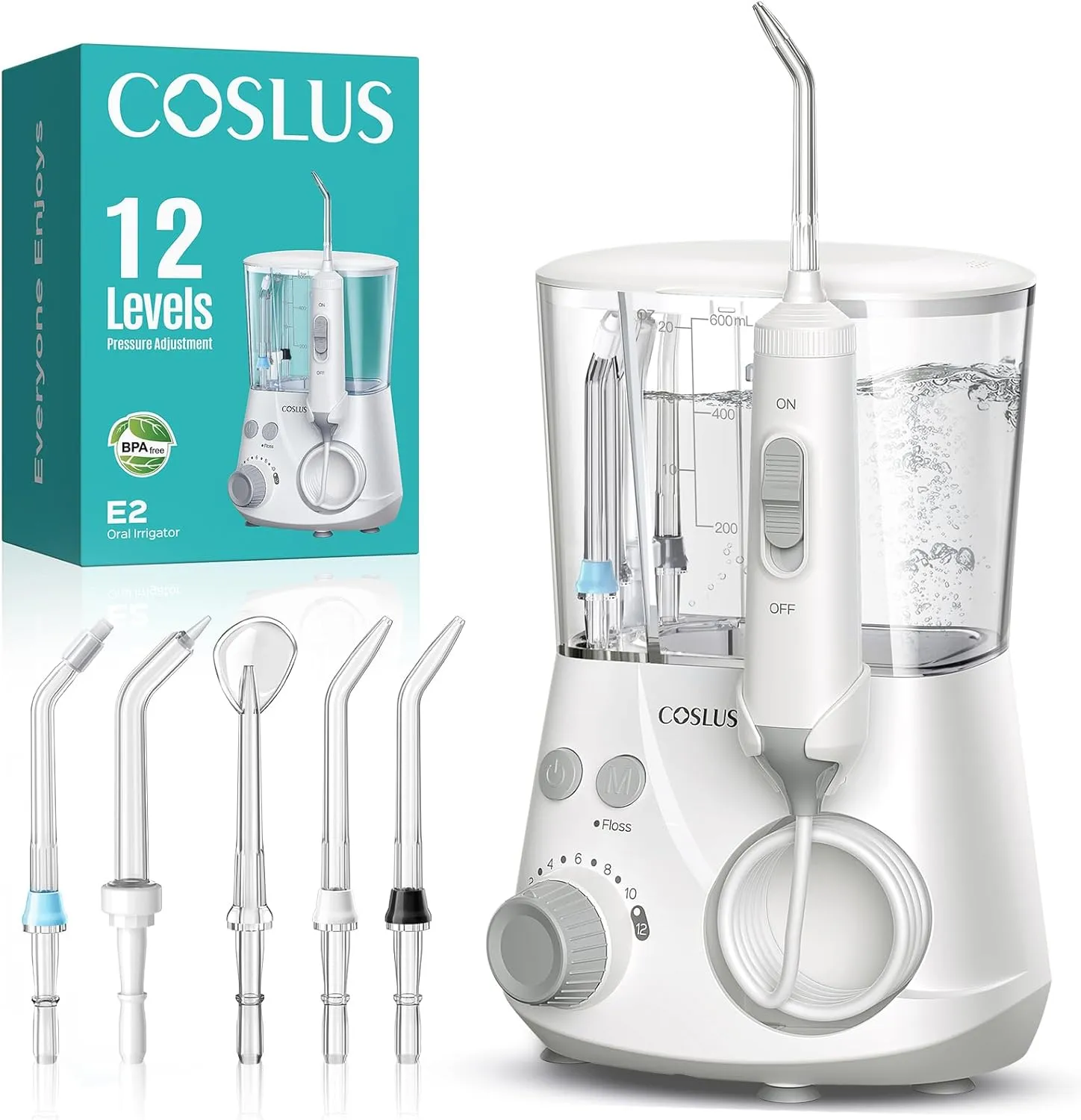 COSLUS Professional Water Flosser for Teeth: 12 Pressure Settings Electric Dental Pick for Orthodontic, Braces, Sensitive Gums - Home Use, ​​5 Jet Tips for Multiple Users, Family, White, E2