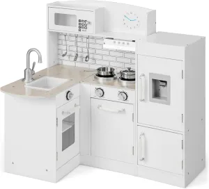 Costzon Corner Kids Kitchen Playset, 8-in-1 Wooden Toy Kitchen Set with Realistic Microwave, Oven, Stove, Refrigerator, Range Hood, Pretend Play Kitchen for Toddlers Boys Girls