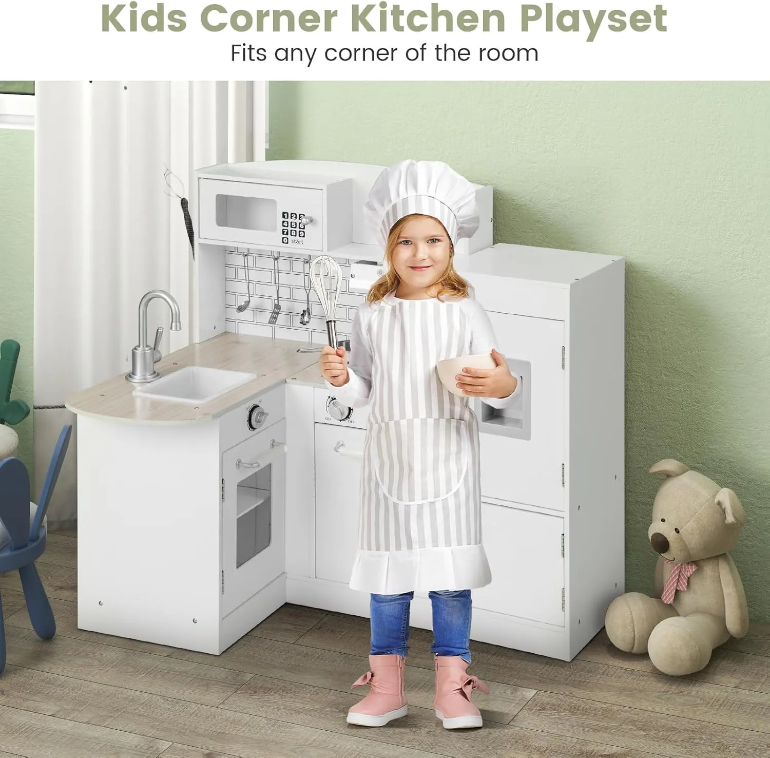 Costzon Corner Kids Kitchen Playset, 8-in-1 Wooden Toy Kitchen Set with Realistic Microwave, Oven, Stove, Refrigerator, Range Hood, Pretend Play Kitchen for Toddlers Boys Girls