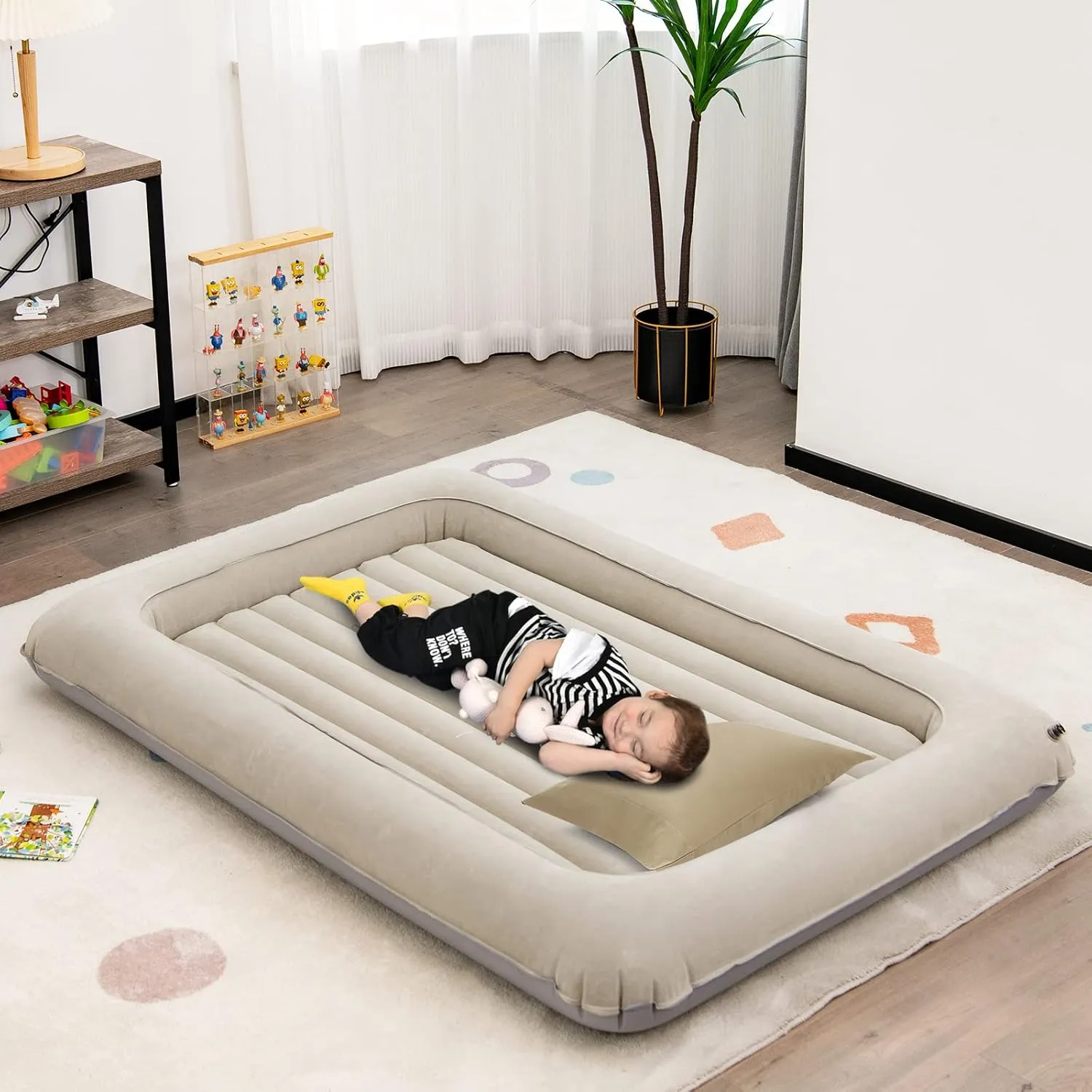Costzon Toddler Travel Bed, Portable Toddler Bed with Detachable 2 Sided Air Mattress, Electric Pump, Storage Bag, Inflatable Blow Up Kids Bed, Perfect for Boys Girls Travel, Camping, Sleeping (Gray)