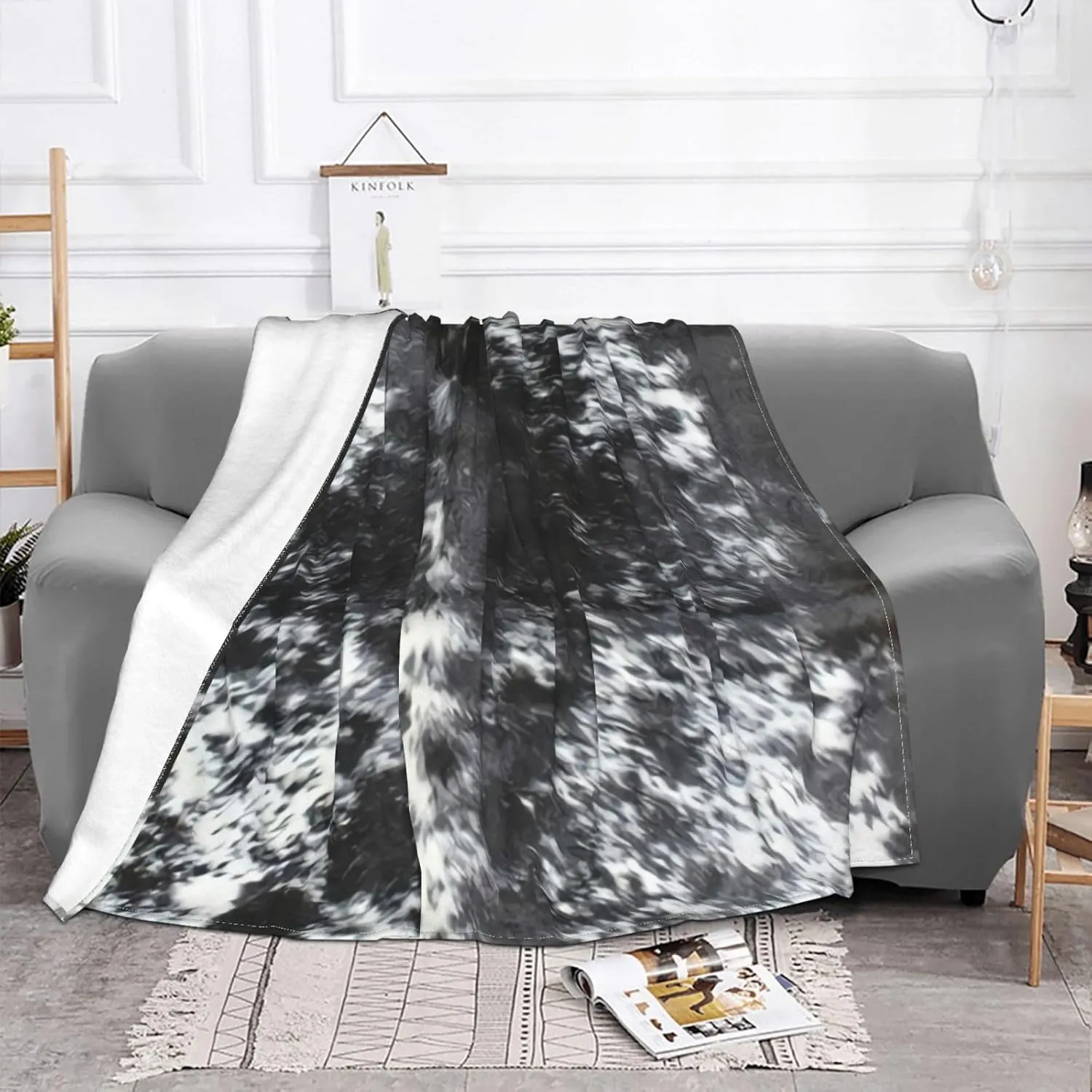 Cowhide Black and White 80"X60" Flannel Blanket - 100% Soft Polyester, Lightweight and Warm, Suitable for Families, Camping, Travel