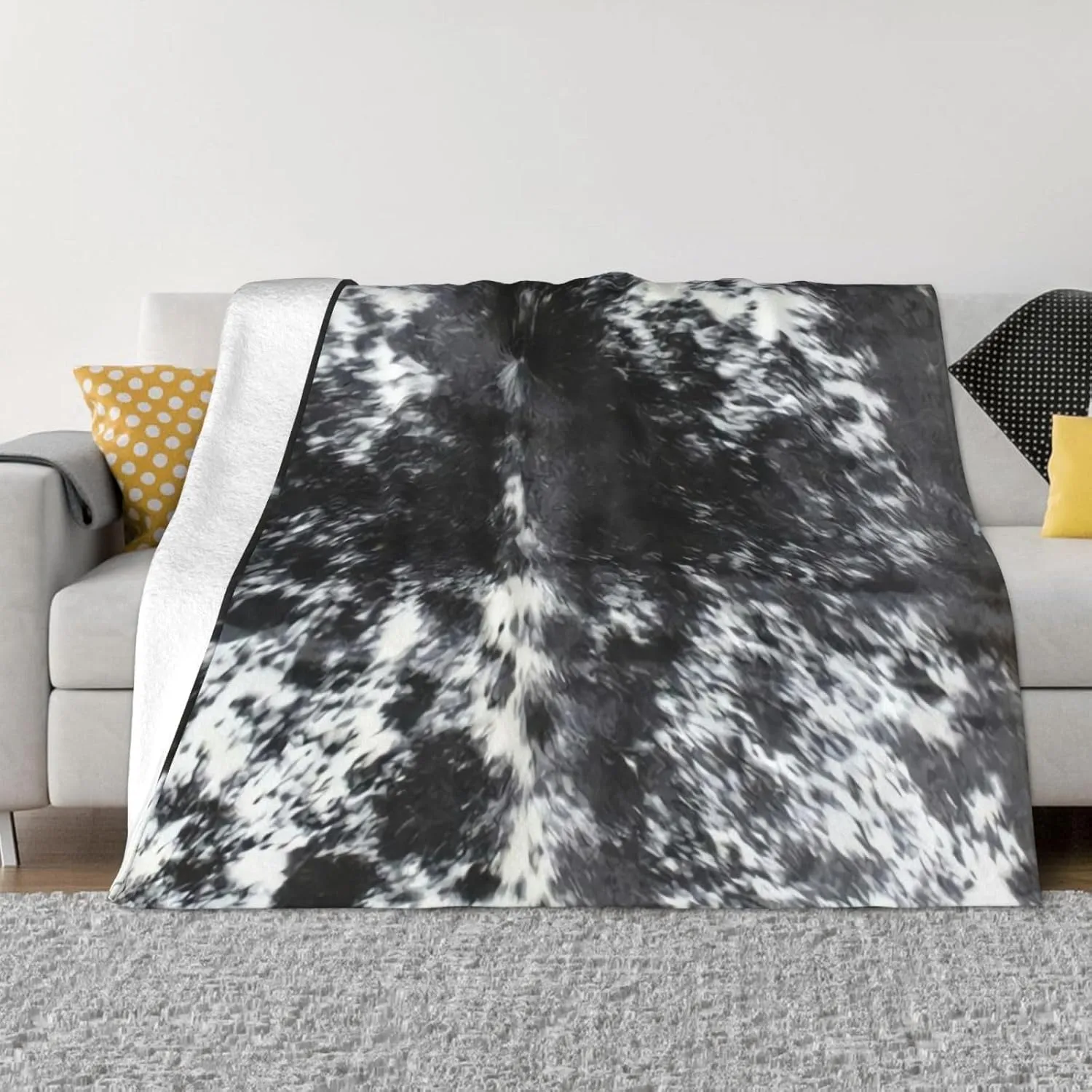 Cowhide Black and White 80"X60" Flannel Blanket - 100% Soft Polyester, Lightweight and Warm, Suitable for Families, Camping, Travel