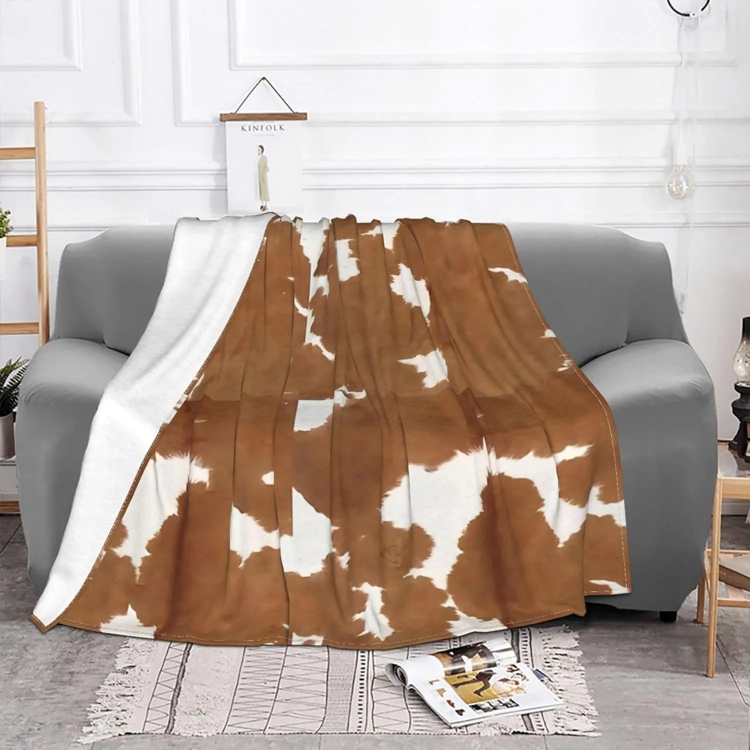 Cowhide Tan and White Texture 80"X60" Flannel Blanket - 100% Soft Polyester, Lightweight and Warm, Suitable for Families, Camping, Travel