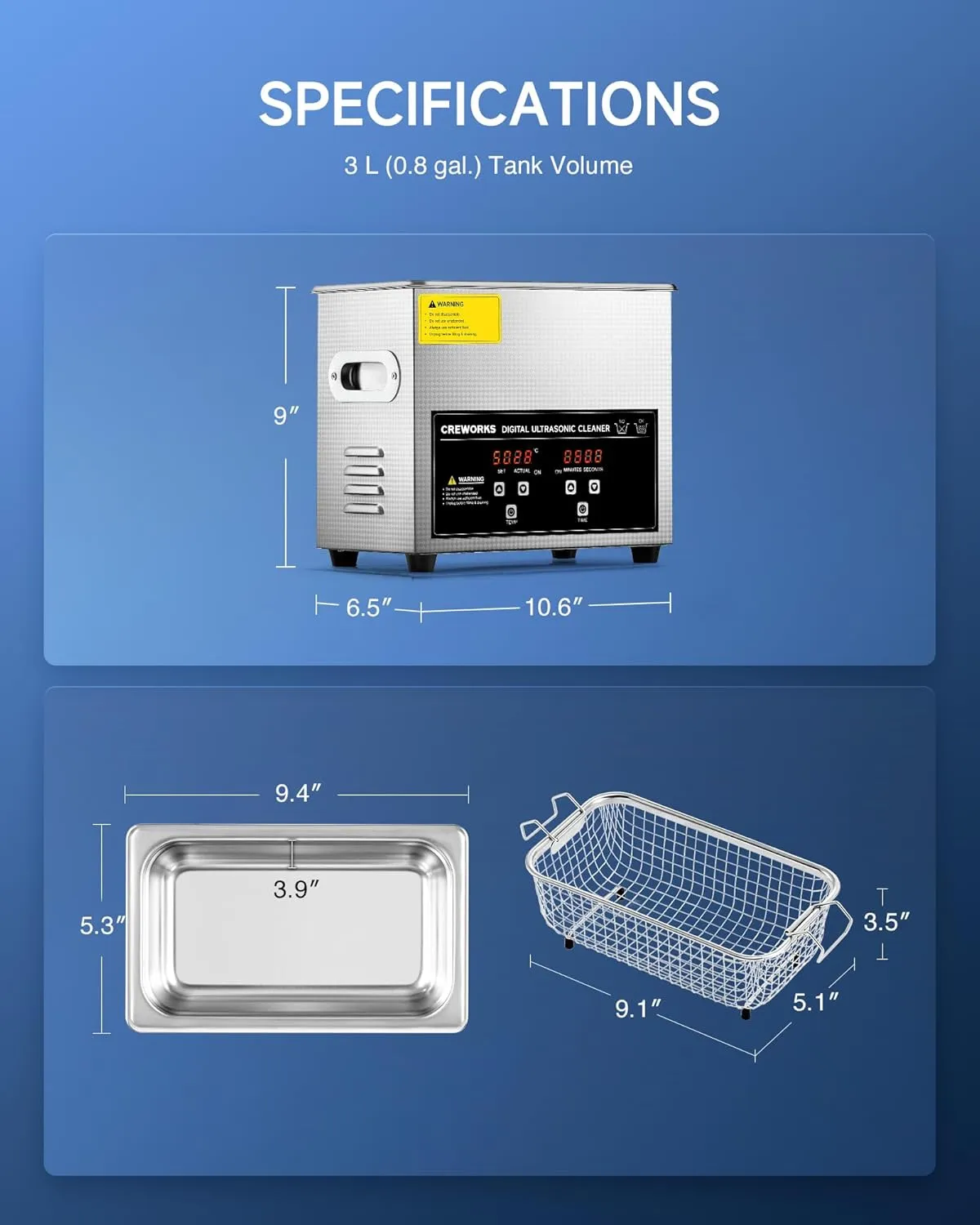 CREWORKS 3L Ultrasonic Cleaner, 0.8 gal Digital Sonic Cavitation Machine, 120W Stainless Steel Professional Jewelry Cleaner for Cleaning Tool Watch Glasses Retainer Denture Parts with Heater & Timer