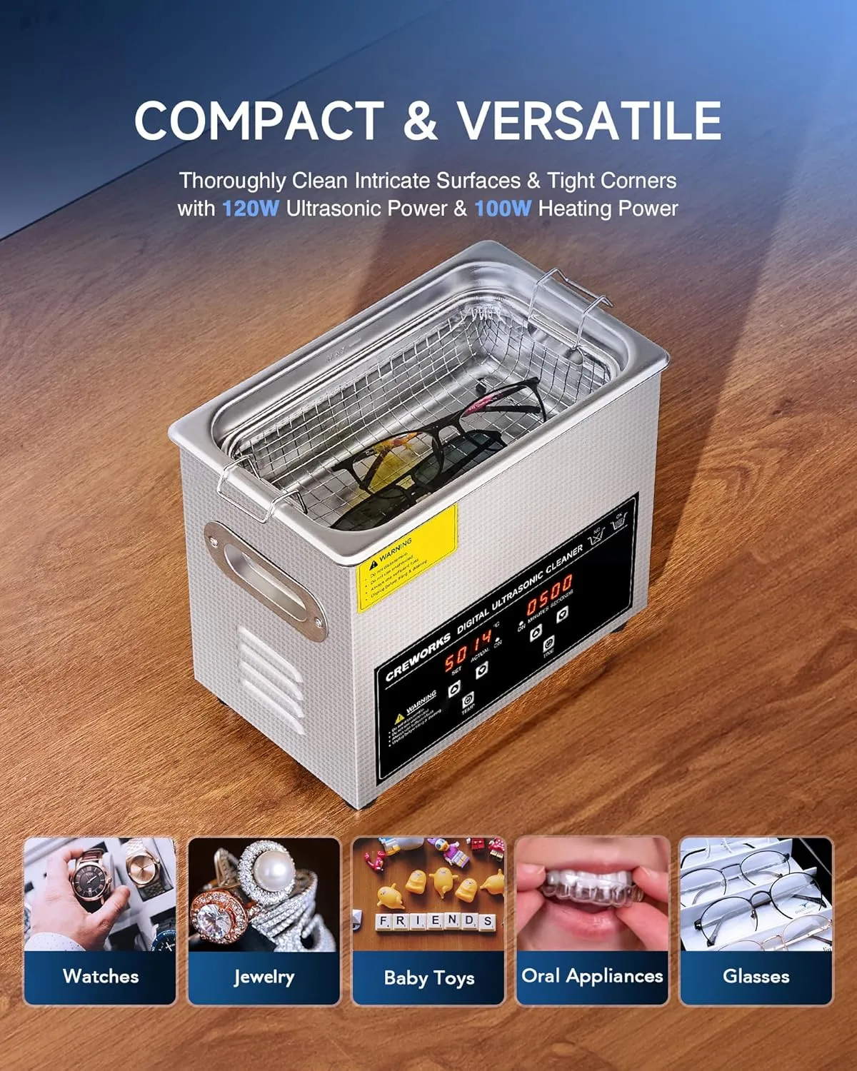 CREWORKS 3L Ultrasonic Cleaner, 0.8 gal Digital Sonic Cavitation Machine, 120W Stainless Steel Professional Jewelry Cleaner for Cleaning Tool Watch Glasses Retainer Denture Parts with Heater & Timer