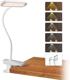 CUHIOY Desk Lamp with Clamp, Portable Cordless Rechargeable Clip on Reading Light, Eye-Caring LED Dorm Bunk Bed Light, 5 Colors 5 Brightness Flexible Neck Architect Lamp for Studying Crafting (White)