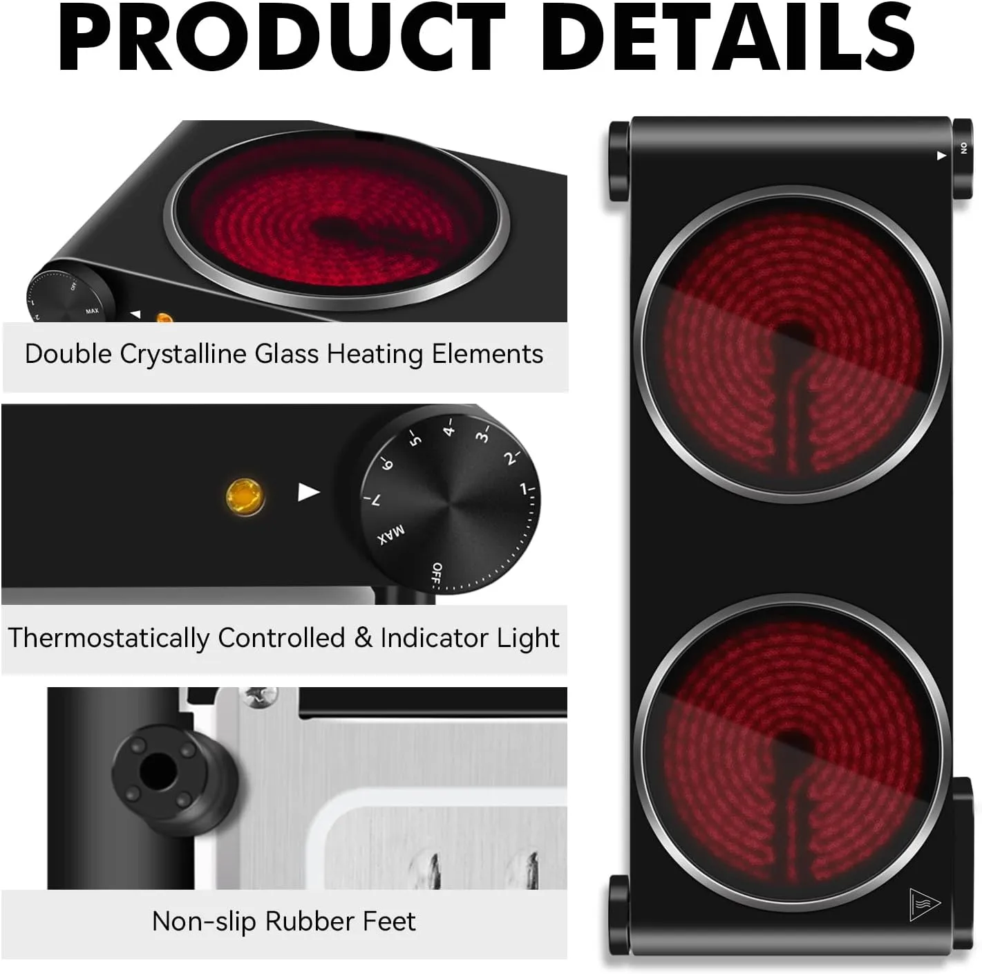 CUSIMAX Double Burner, 1800W Electric Burner Ceramic Hot Plate for Cooking, Dual Control Infrared Burner, Glass Plate Electric Cooktop, Stainless Steel-Upgraded Version