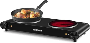 CUSIMAX Double Burner, 1800W Electric Burner Ceramic Hot Plate for Cooking, Dual Control Infrared Burner, Glass Plate Electric Cooktop, Stainless Steel-Upgraded Version