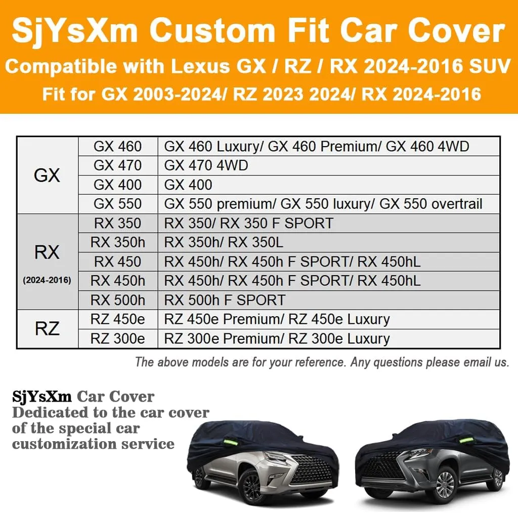 Custom Fit Car Cover - Compatible with Lexus GX (GX460, GX470, GX550) SUV 2003-2024, All Weather Waterproof with Cotton Lining, Windproof Strap and Storage Bag