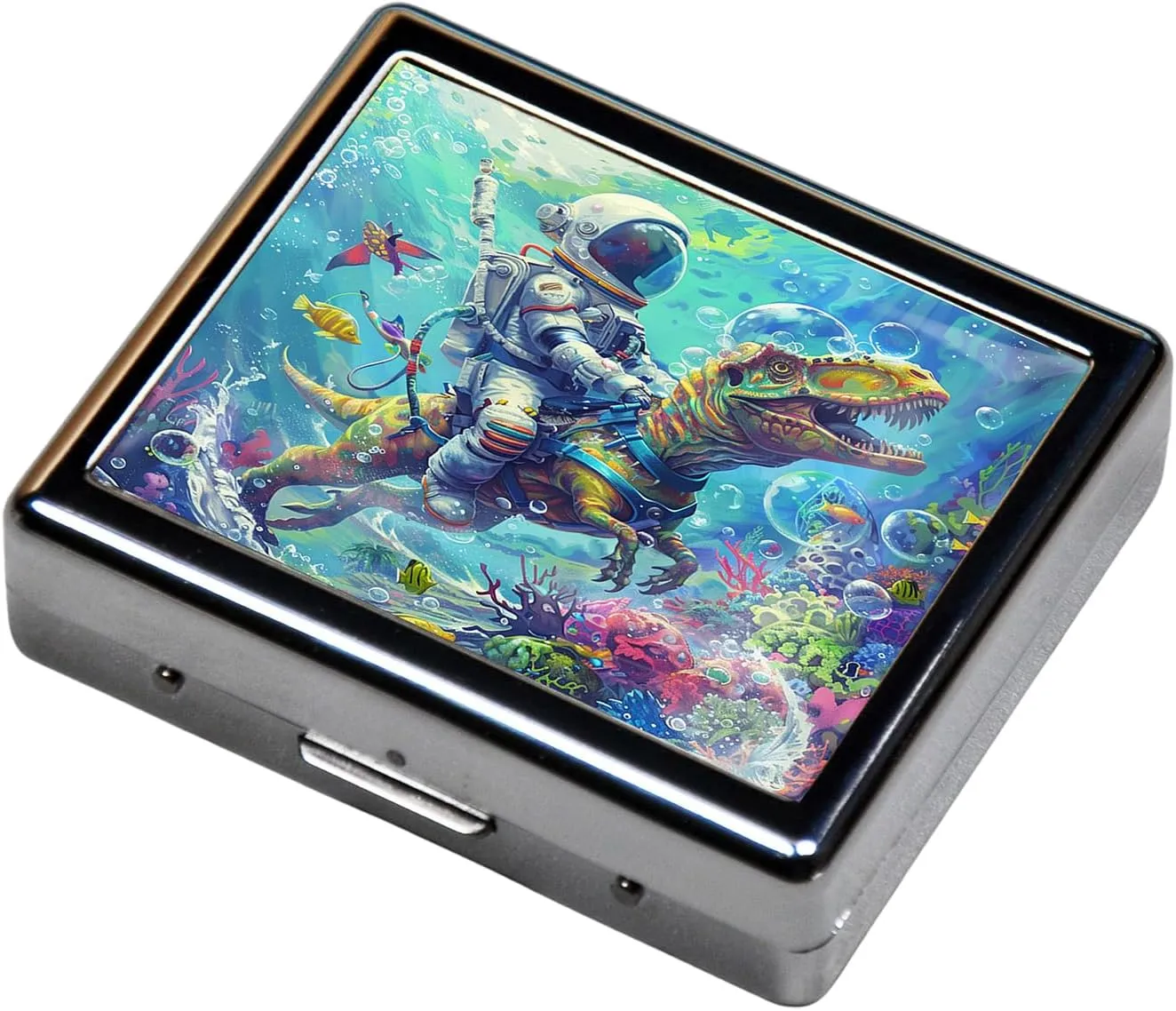 Cute and Portable Metal Pill Organizer – 8 Compartments, Elegant Chrome Finish, Ideal for Travel and Daily Use (Astronaut Riding Dinosaur)