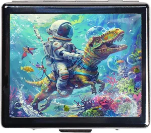 Cute and Portable Metal Pill Organizer – 8 Compartments, Elegant Chrome Finish, Ideal for Travel and Daily Use (Astronaut Riding Dinosaur)