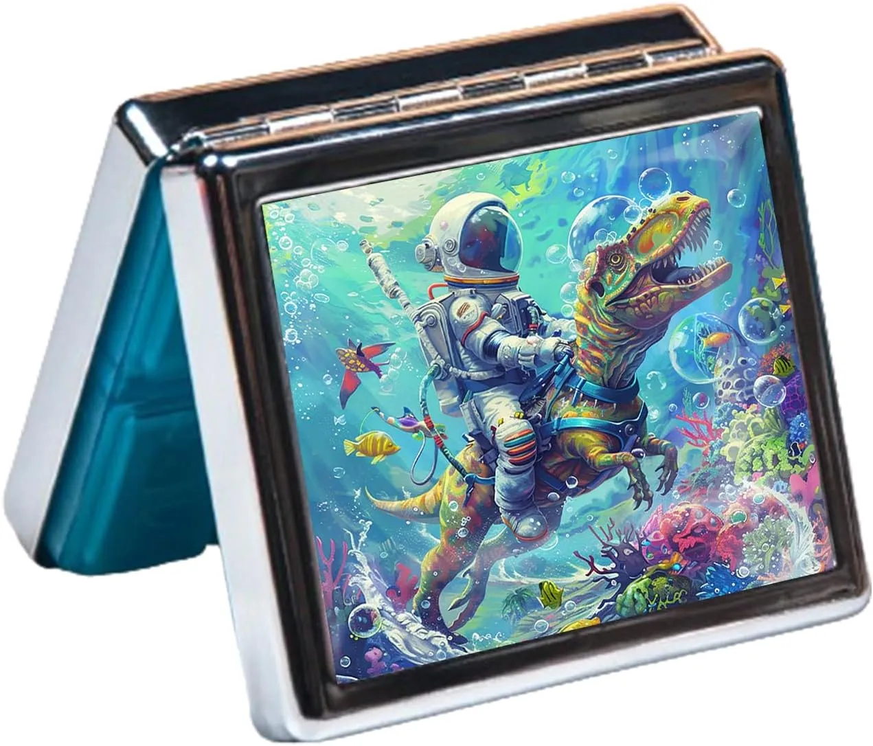 Cute and Portable Metal Pill Organizer – 8 Compartments, Elegant Chrome Finish, Ideal for Travel and Daily Use (Astronaut Riding Dinosaur)