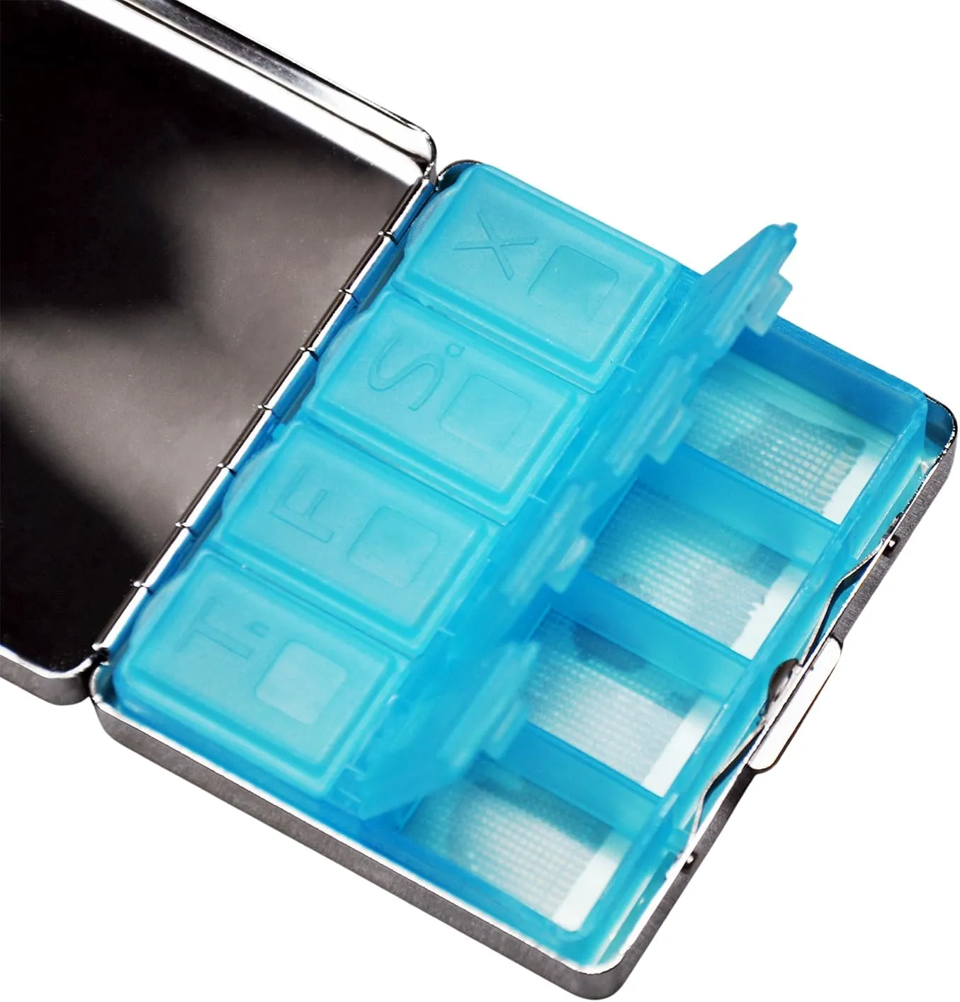 Cute and Portable Metal Pill Organizer – 8 Compartments, Elegant Chrome Finish, Ideal for Travel and Daily Use (Astronaut Riding Dinosaur)