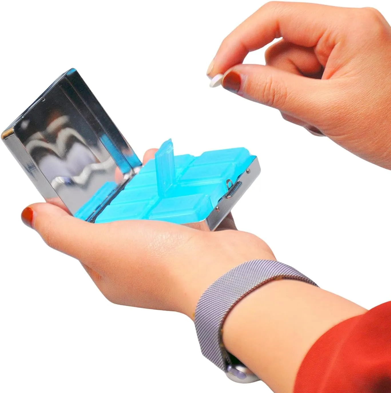 Cute and Portable Metal Pill Organizer – 8 Compartments, Elegant Chrome Finish, Ideal for Travel and Daily Use (Astronaut Riding Dinosaur)