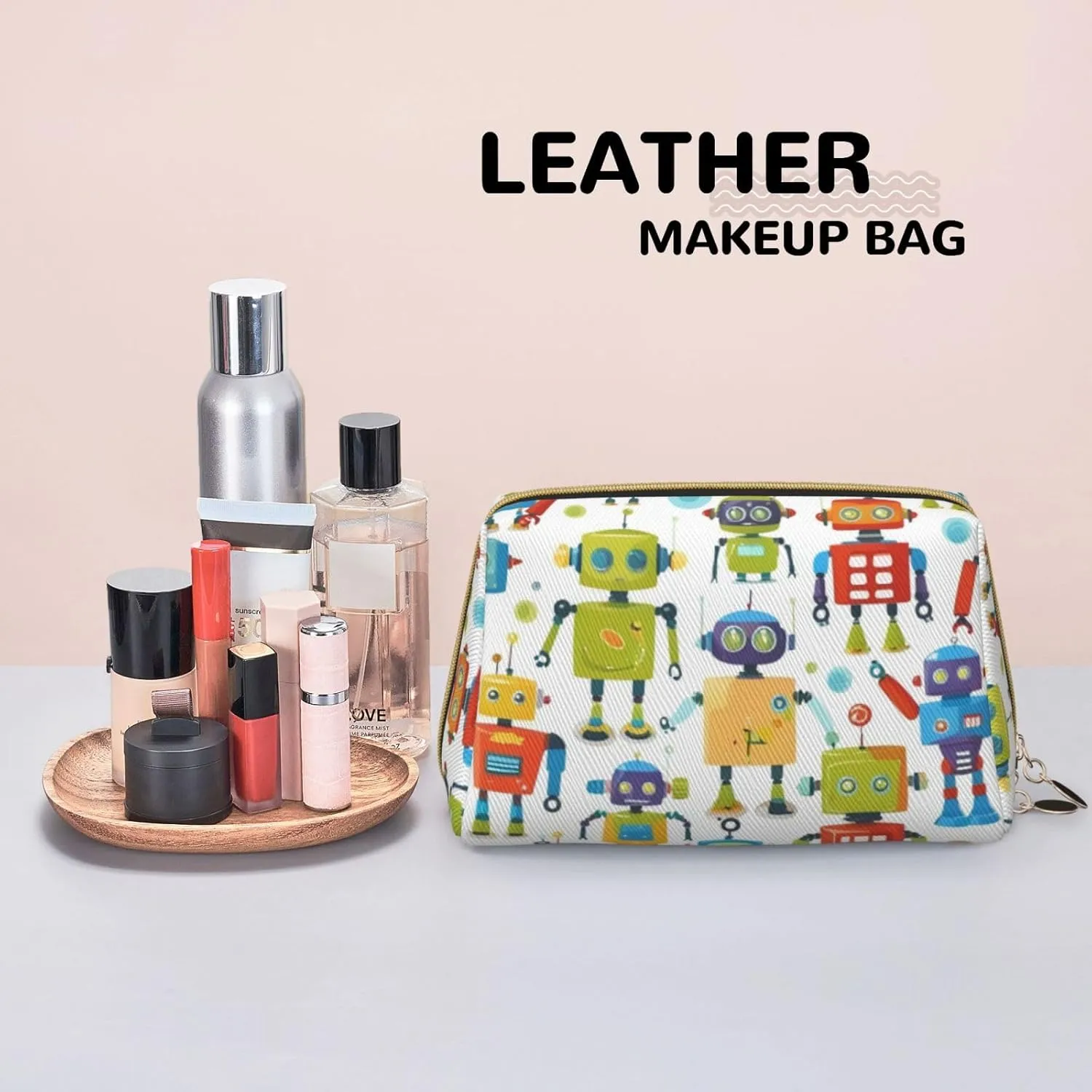 Cute Cartoon Robots Toiletry Pouch, Travel-Friendly Makeup Organizer For Makeup Brushes, Lipsticks