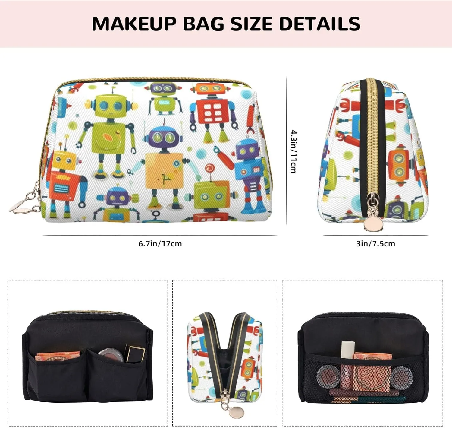Cute Cartoon Robots Toiletry Pouch, Travel-Friendly Makeup Organizer For Makeup Brushes, Lipsticks
