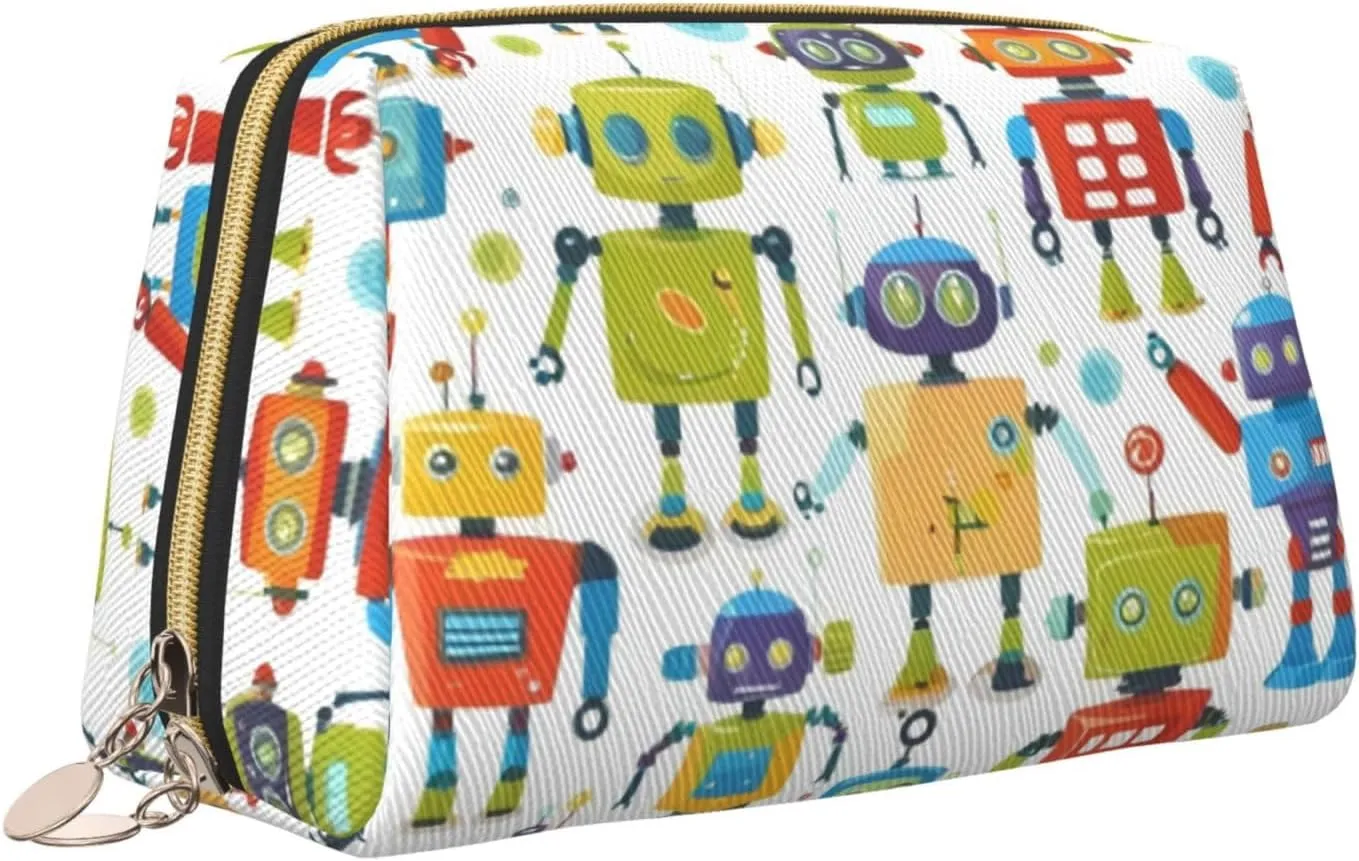 Cute Cartoon Robots Toiletry Pouch, Travel-Friendly Makeup Organizer For Makeup Brushes, Lipsticks