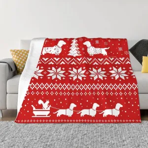 Dachshunds Christmas Sweater Pattern 60"X50" Flannel Blanket - 100% Soft Polyester, Lightweight and Warm, Suitable for Families, Camping, Travel