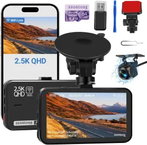 Dash Cam Front and Rear, Dash Camera for Cars WiFi/APP Control Dual Dashcam W/ 64GB Card, 2.5K Dash Cam Front 1080P Rear Car Camera W/Super Night Vision, Loop Recording, G-Sensor, Max Support 256GB