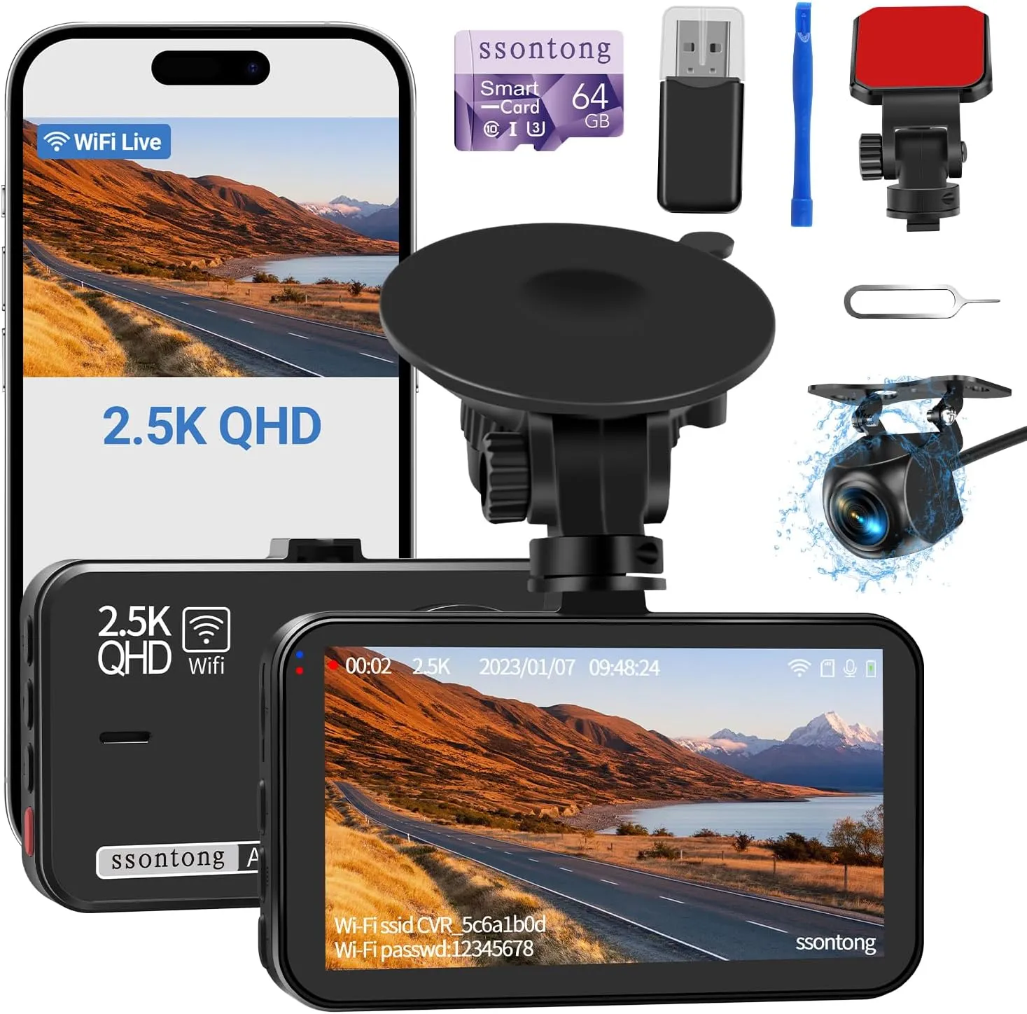 Dash Cam Front and Rear, Dash Camera for Cars WiFi/APP Control Dual Dashcam W/ 64GB Card, 2.5K Dash Cam Front 1080P Rear Car Camera W/Super Night Vision, Loop Recording, G-Sensor, Max Support 256GB