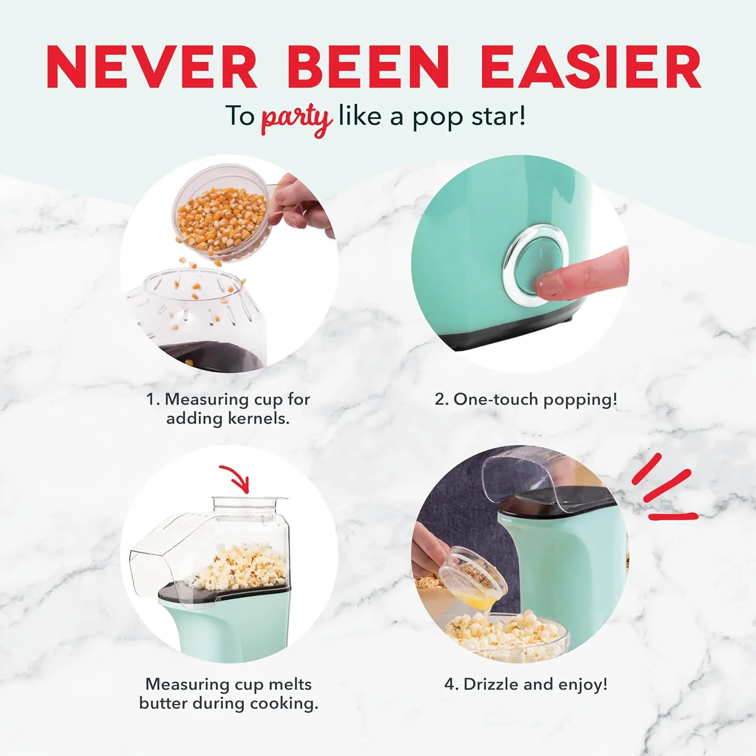 DASH Hot Air Popcorn Popper Maker with Measuring Cup to Portion Popping Corn Kernels   Melt Butter, 16 Cups - Aqua