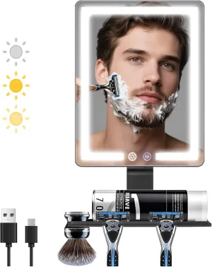 DESCHEN 2025 Updated Heated Shower Mirror Fogless for Shaving Men with 3 Color Lights, 5000mAh Rechargeable Anti Fog Shaving Mirror for Shower Fogless, 12.5×8" Borderless Razor Holder for Shower Wall