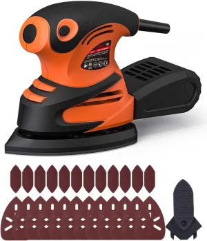 Detail Sander, 1.5A 15000 OPM Electric Sander with 24pcs Sandpapers, Efficient Dust Collection System & Detail Finger Attachment, Soft Grip Handle, Compact Hand Sander for Woodworking