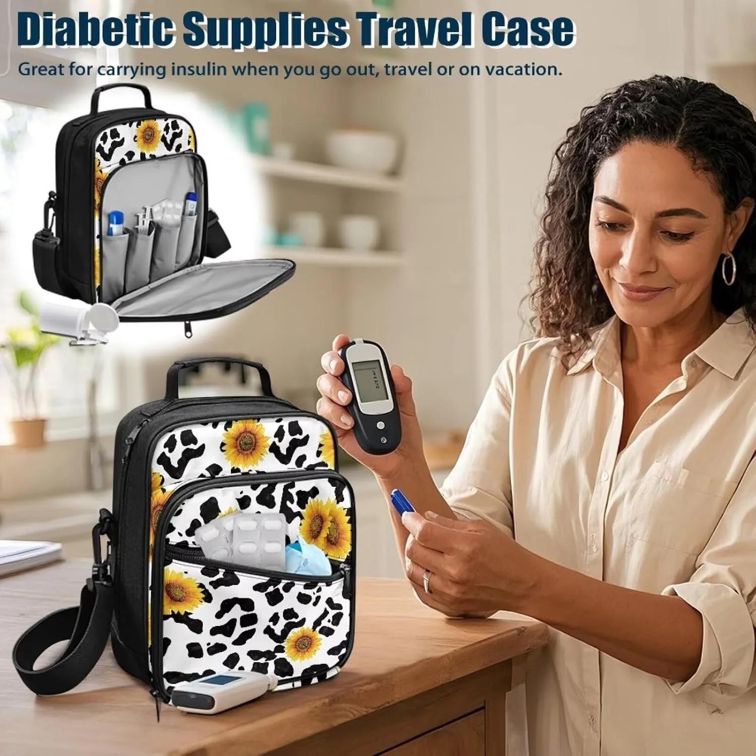 Diabetes Bag for Supplies, Cow Print Sunflower Insulin Travel Case, Diabetic Medication Organizer Bag with Shoulder Strap for Diabetic Supplies