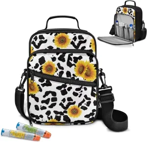Diabetes Bag for Supplies, Cow Print Sunflower Insulin Travel Case, Diabetic Medication Organizer Bag with Shoulder Strap for Diabetic Supplies