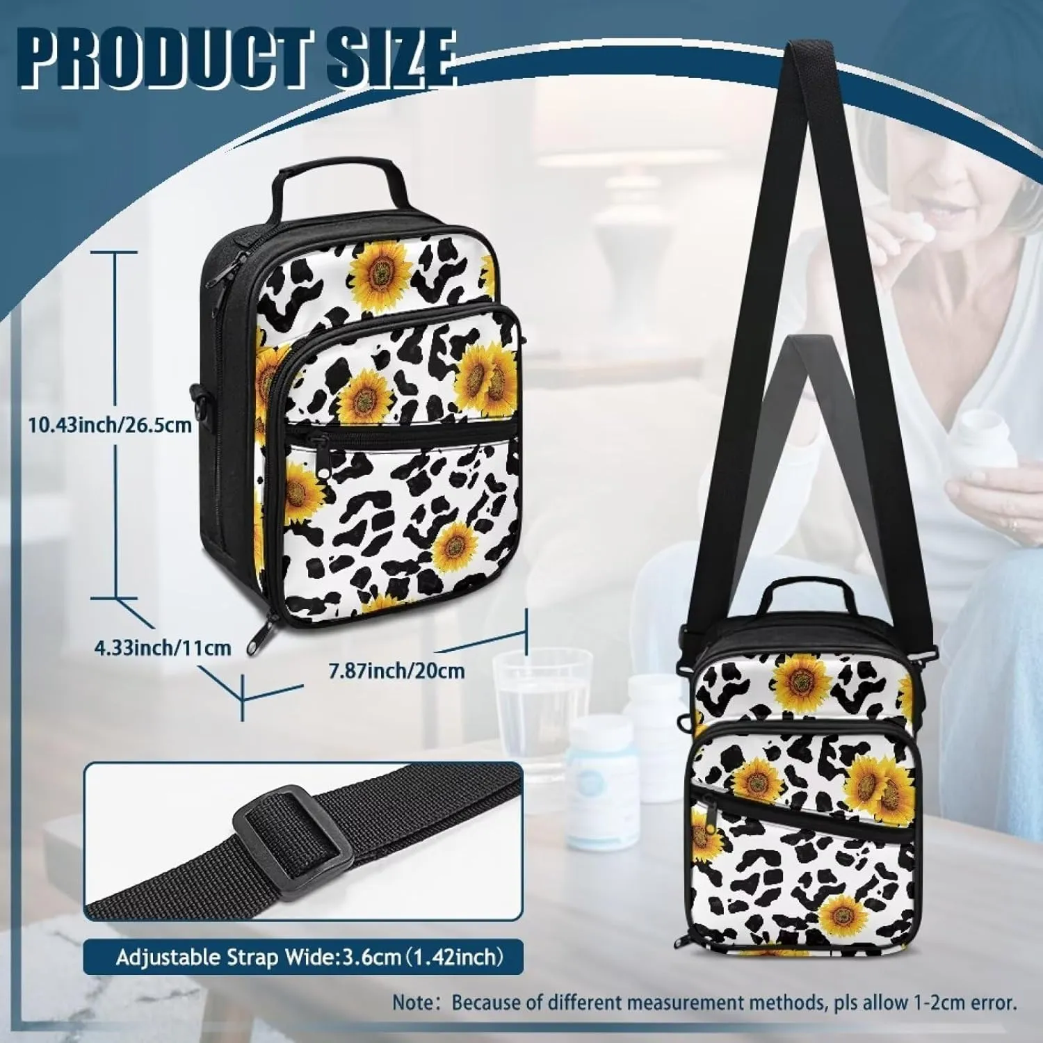 Diabetes Bag for Supplies, Cow Print Sunflower Insulin Travel Case, Diabetic Medication Organizer Bag with Shoulder Strap for Diabetic Supplies