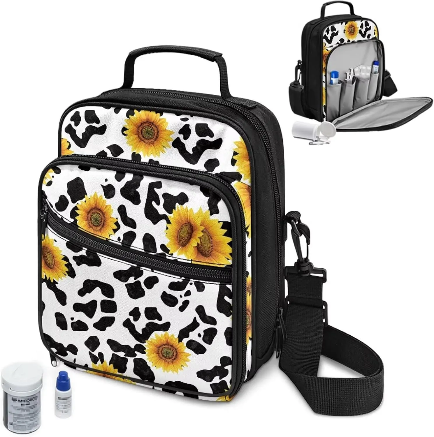 Diabetes Bag for Supplies, Cow Print Sunflower Insulin Travel Case, Diabetic Medication Organizer Bag with Shoulder Strap for Diabetic Supplies