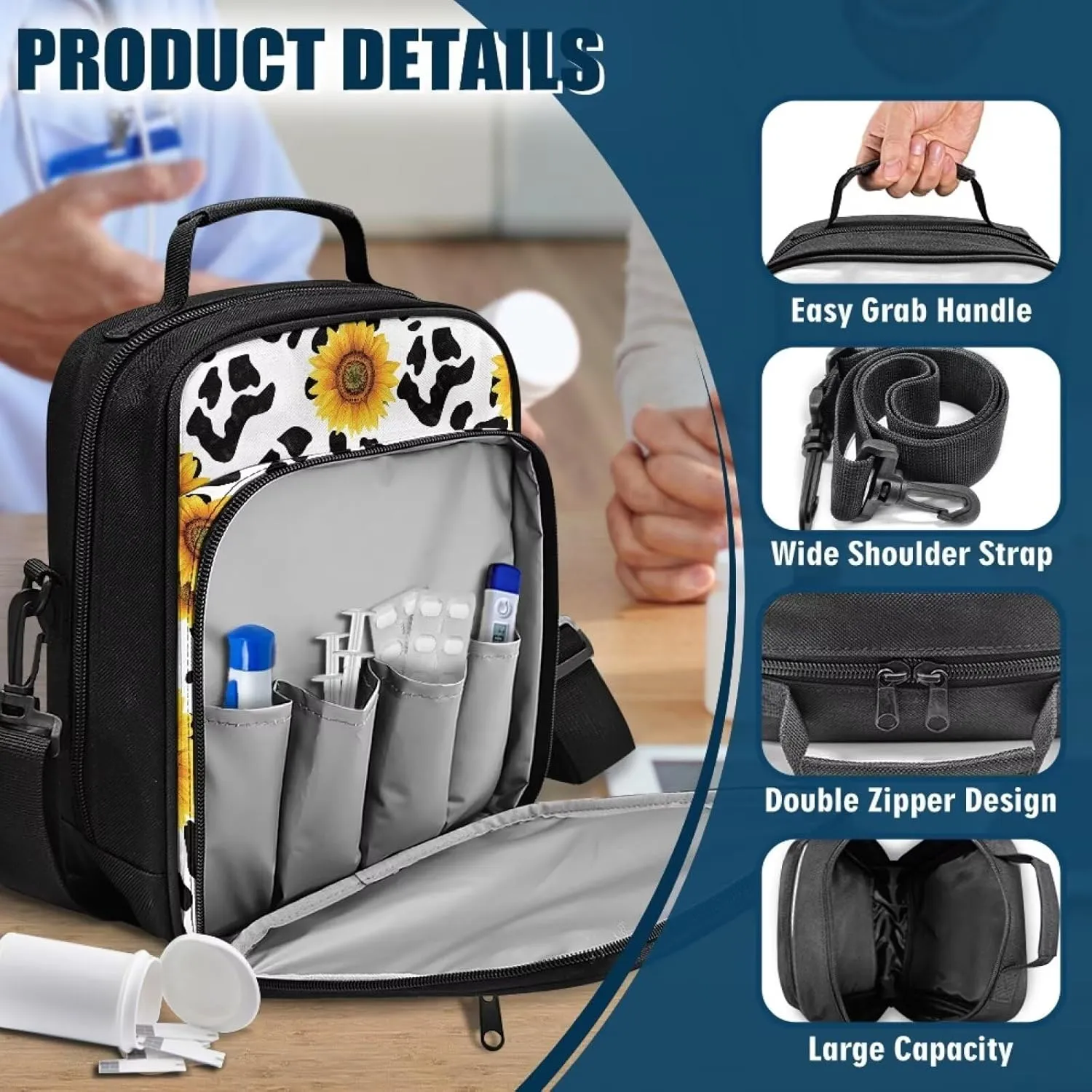 Diabetes Bag for Supplies, Cow Print Sunflower Insulin Travel Case, Diabetic Medication Organizer Bag with Shoulder Strap for Diabetic Supplies