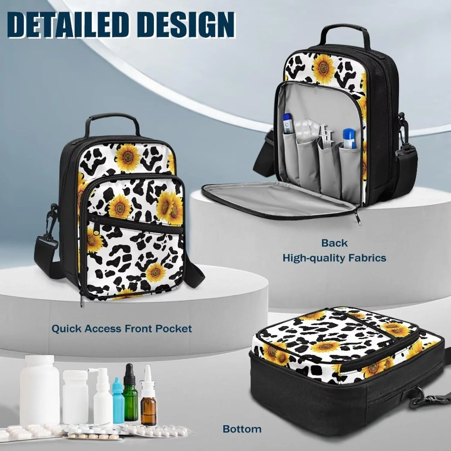 Diabetes Bag for Supplies, Cow Print Sunflower Insulin Travel Case, Diabetic Medication Organizer Bag with Shoulder Strap for Diabetic Supplies